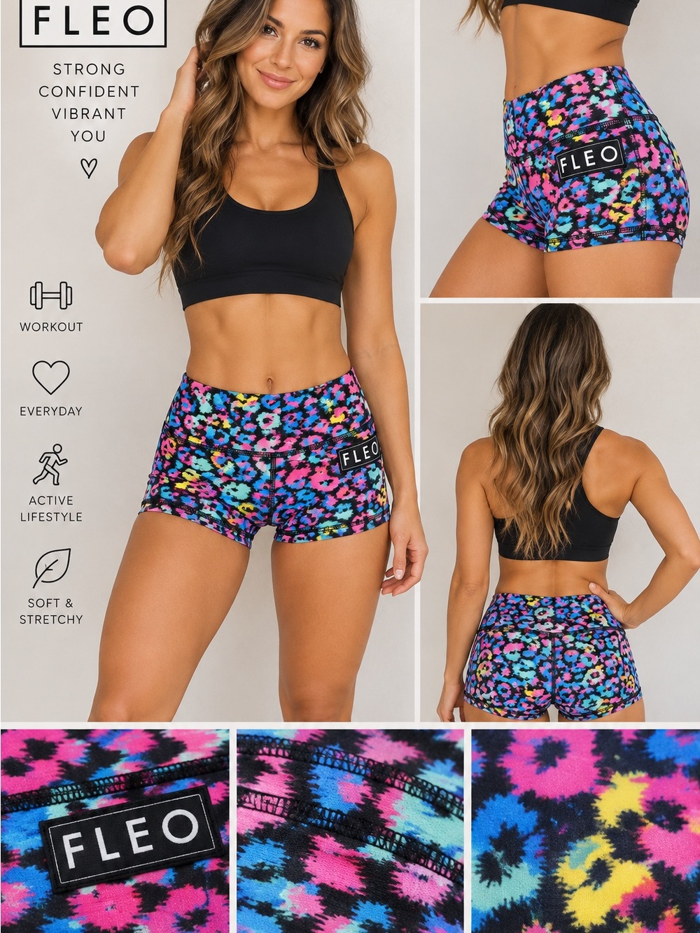 Fleo Bright Tie-Dye Floral Print High-Waist Athletic Shorts